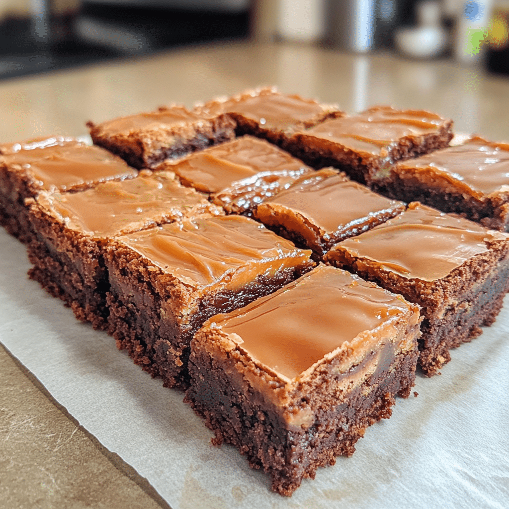 Stacked millionaire brownies with brownie base, caramel center, and chocolate topping