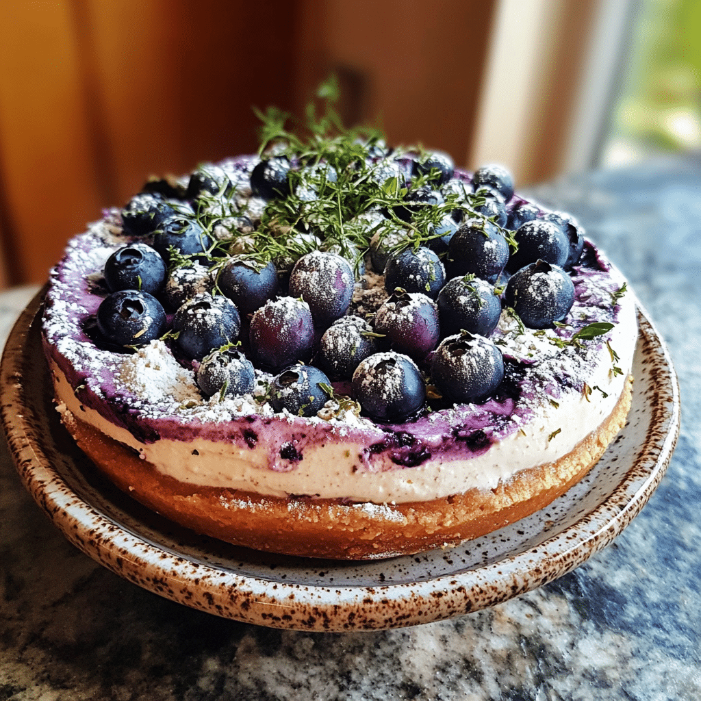 Homemade no bake blueberry cheesecake - herbs & flour in a serving dish in a bright kitchen