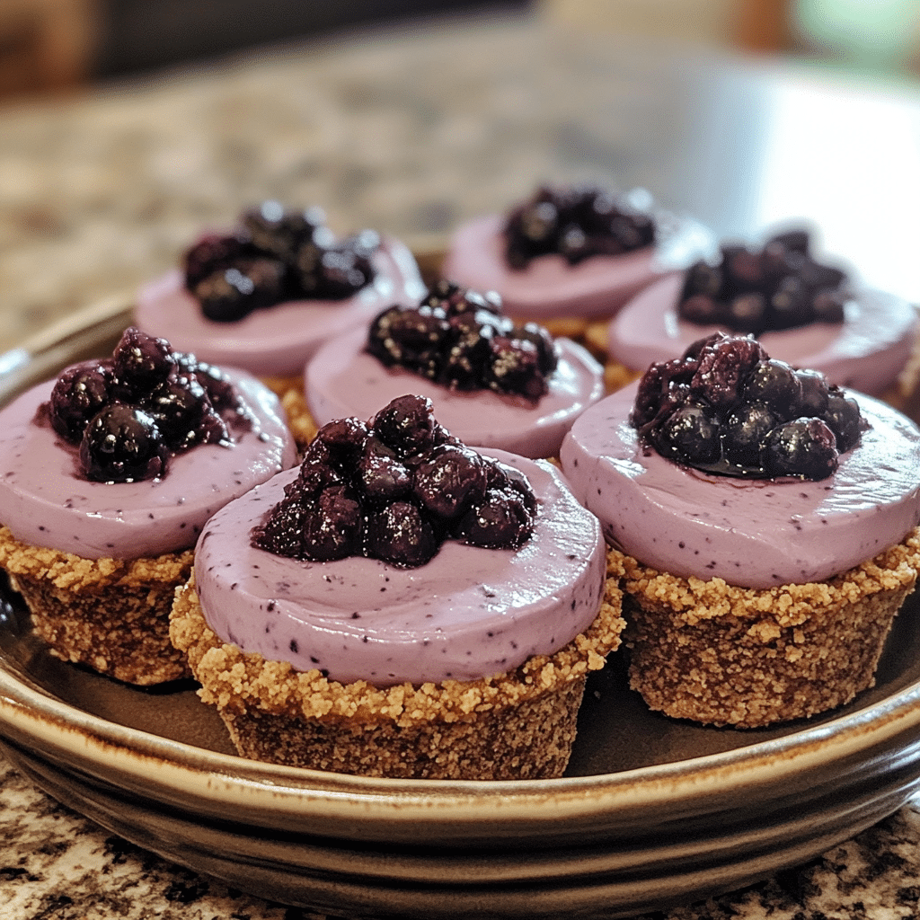 Homemade no-bake blueberry cheesecake shooters in a serving dish in a bright kitchen