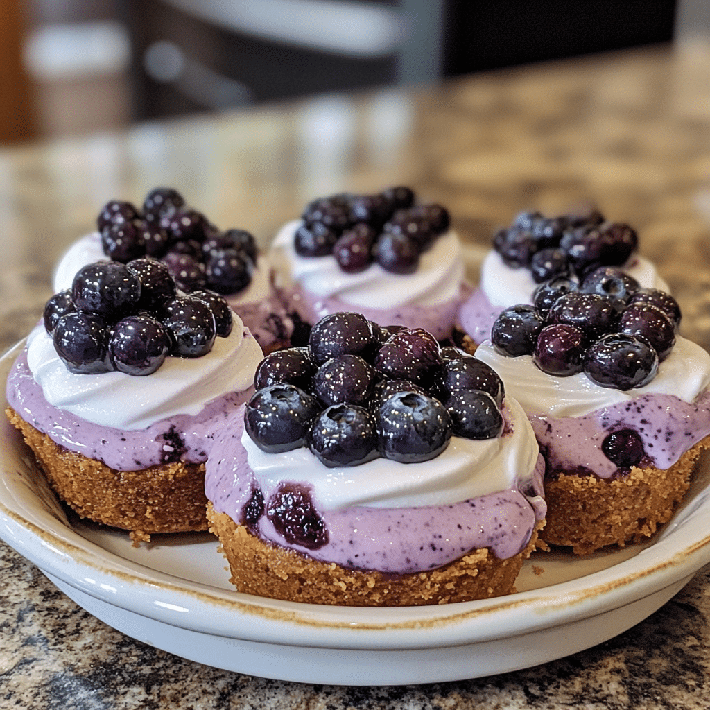 Homemade no-bake blueberry cheesecake shooters in a serving dish in a bright kitchen