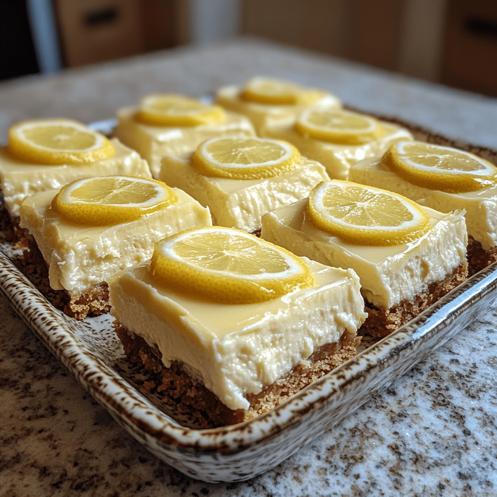 Homemade no bake lemon cheesecake bars in a serving dish in a bright kitchen