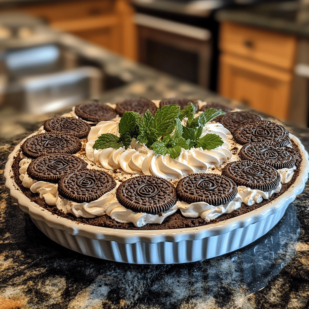 Homemade oreo dirt cake in a serving dish in a bright kitchen