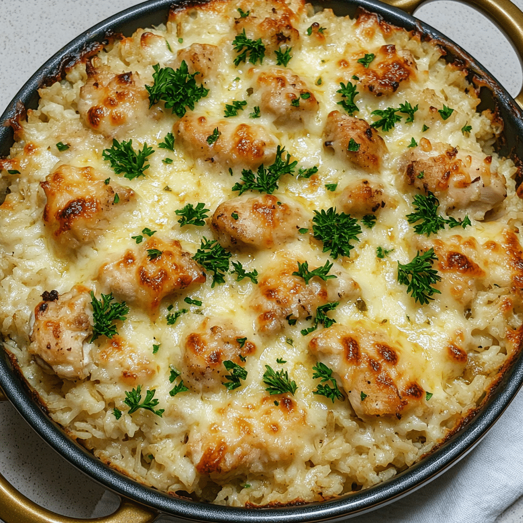 One-pan chicken and rice bake in a casserole dish with melted cheese and herbs