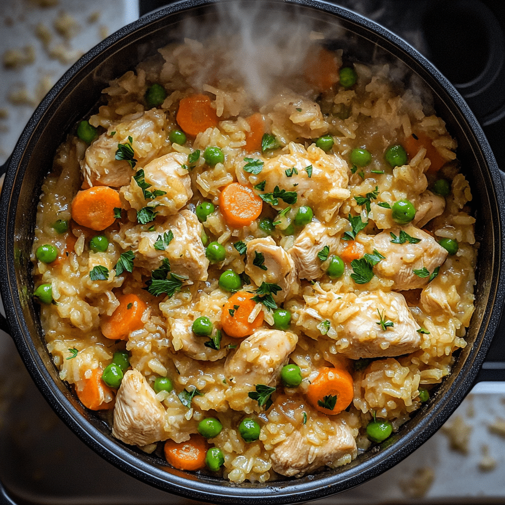 One-pot chicken and rice with vegetables and parsley in a Dutch oven