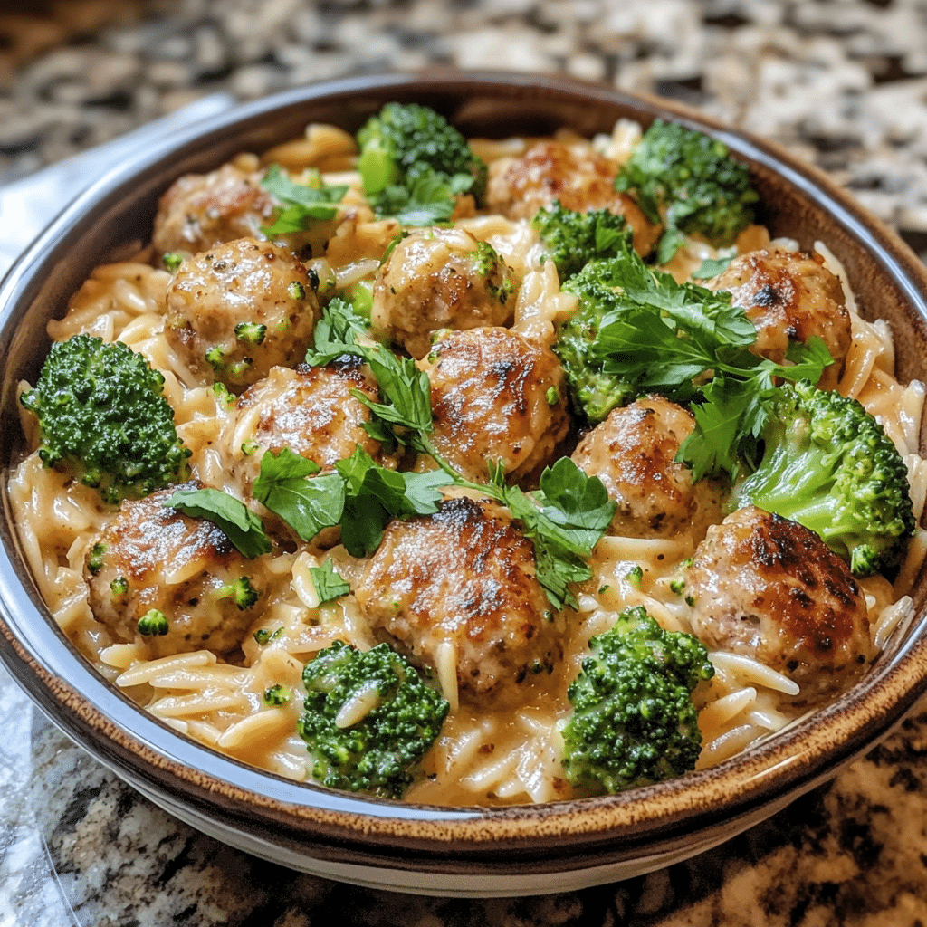 Homemade one-pot chicken meatball & broccoli orzo (creamy 30-min dinner) in a serving dish in a bright kitchen