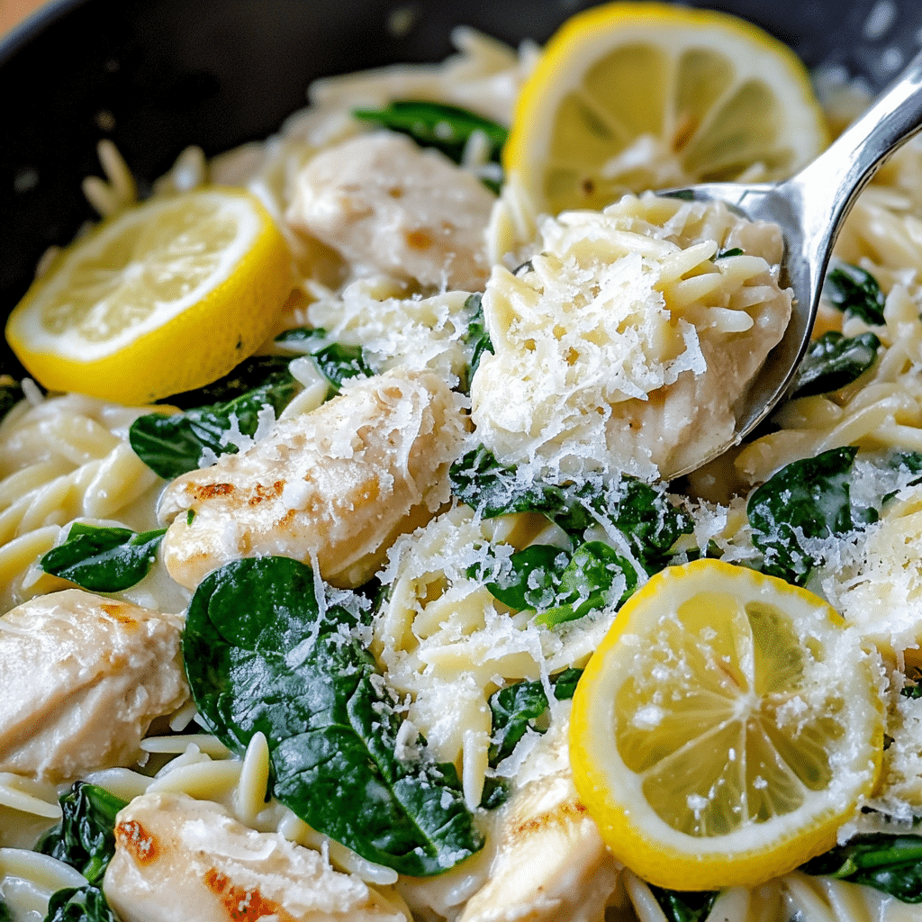 Bowl of lemon chicken orzo with spinach and Parmesan