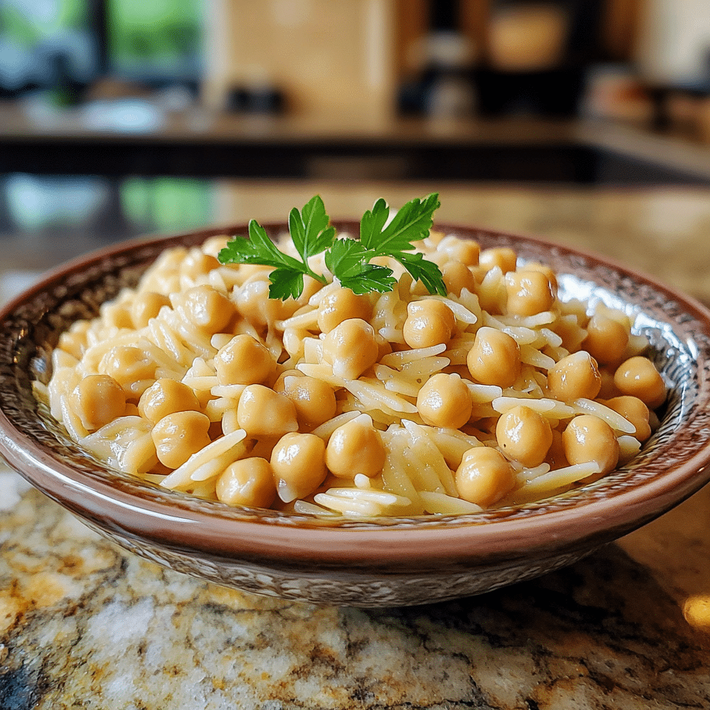 Homemade orzo pasta with chickpeas in a serving dish in a bright kitchen