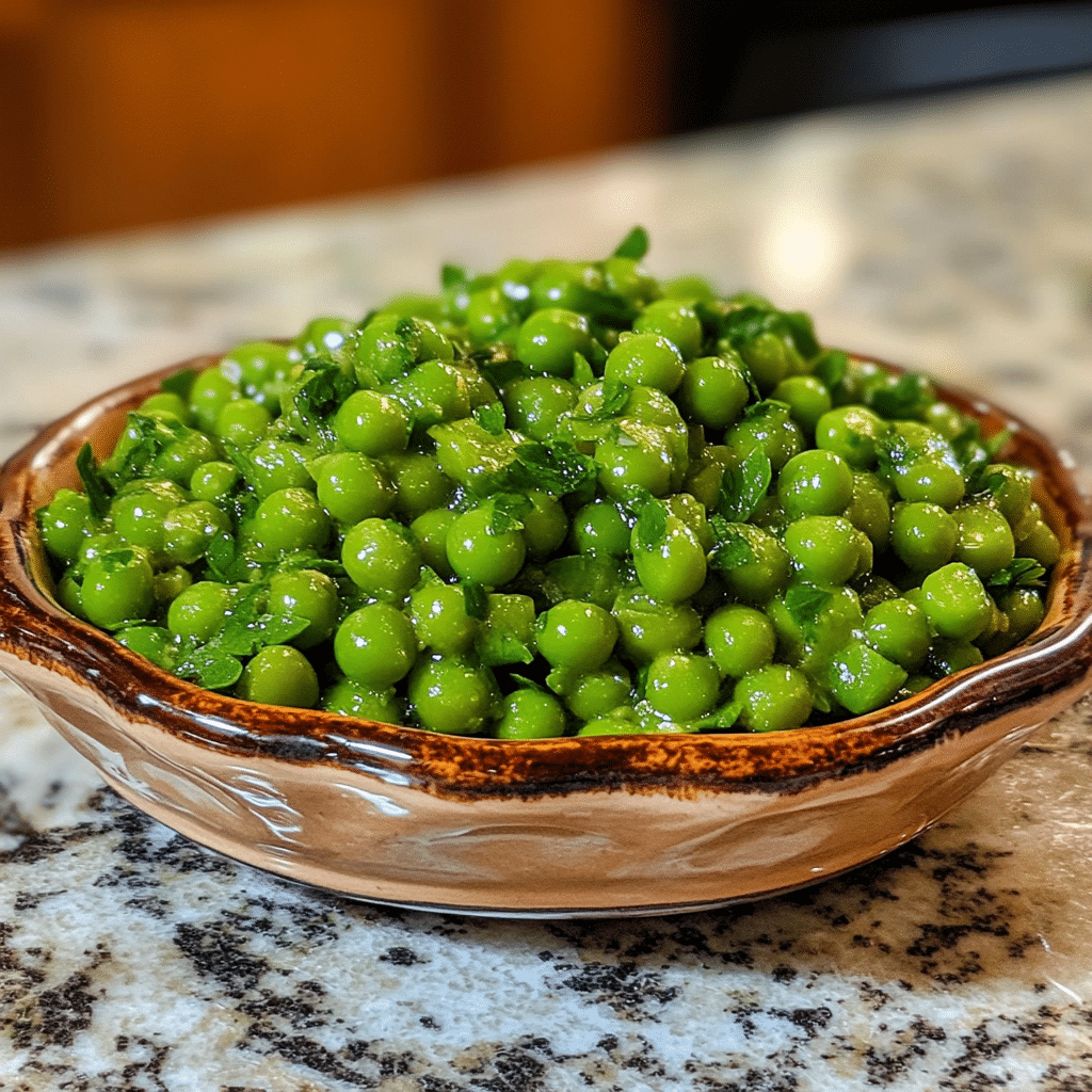 Homemade paula deen green pea salad recipe in a serving dish in a bright kitchen