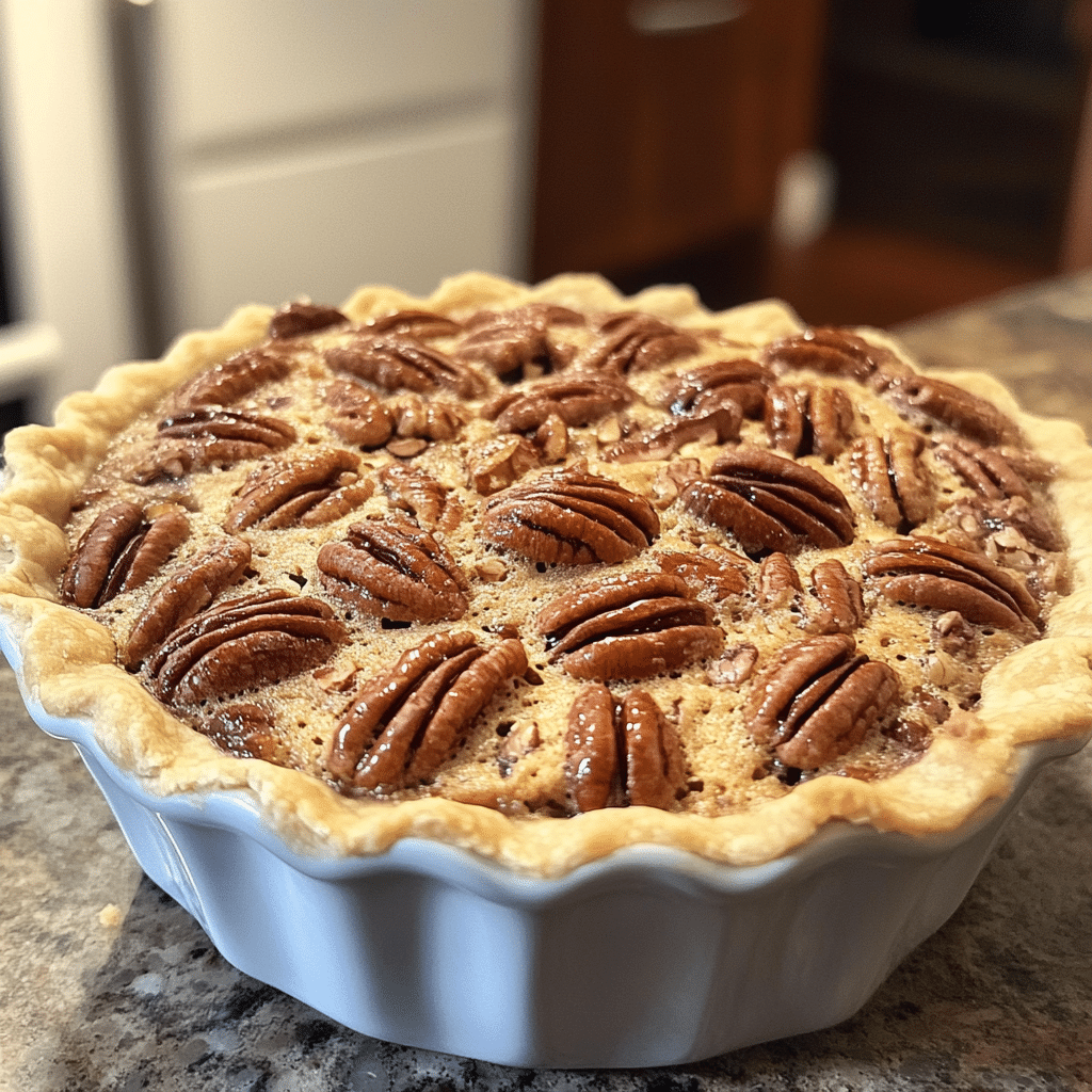 Homemade pecan pie dump cake in a serving dish in a bright kitchen