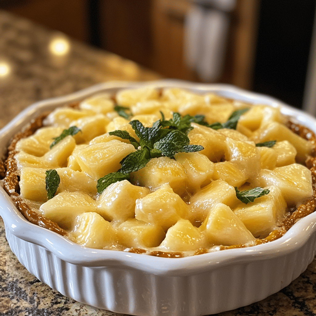 Homemade pineapple pretzel fluff in a serving dish in a bright kitchen