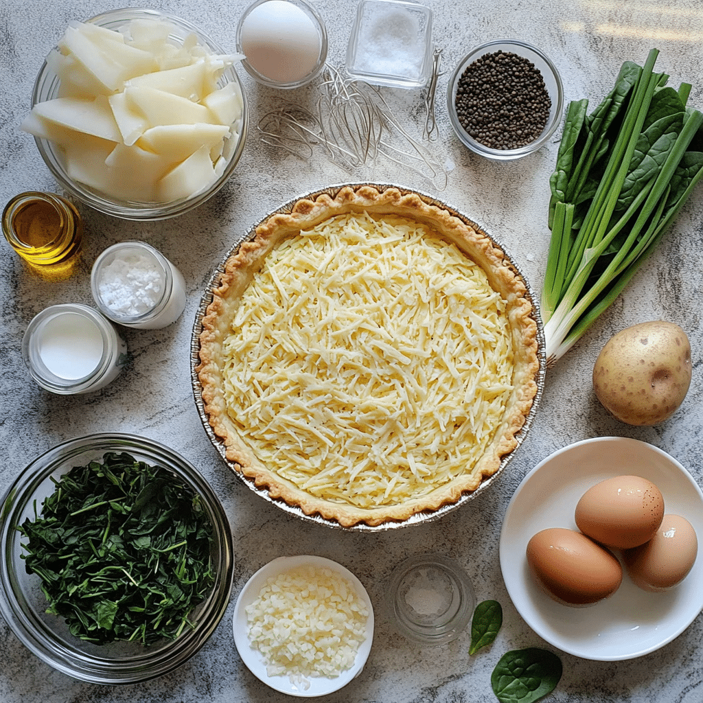 ingredients for potato crust quiche including shredded potatoes eggs milk cheese spinach green onions and seasonings