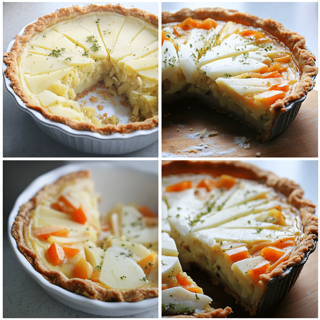 four panel collage showing steps to make potato crust quiche