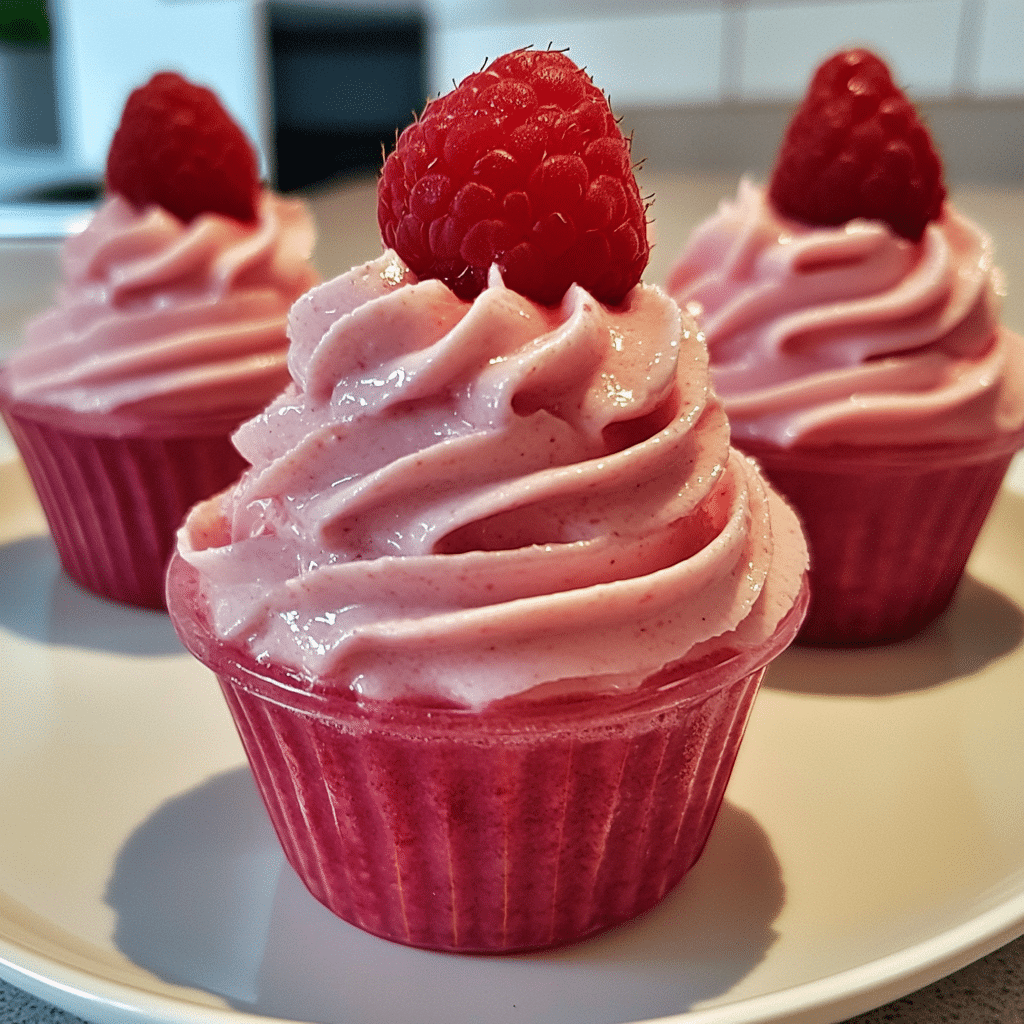 Fluffy raspberry gelatin mousse in dessert cups with a soft cloud like texture