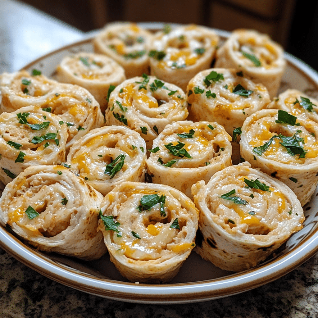 Homemade ranch turkey and cheese tortilla pinwheels served in a dish in a bright kitchen