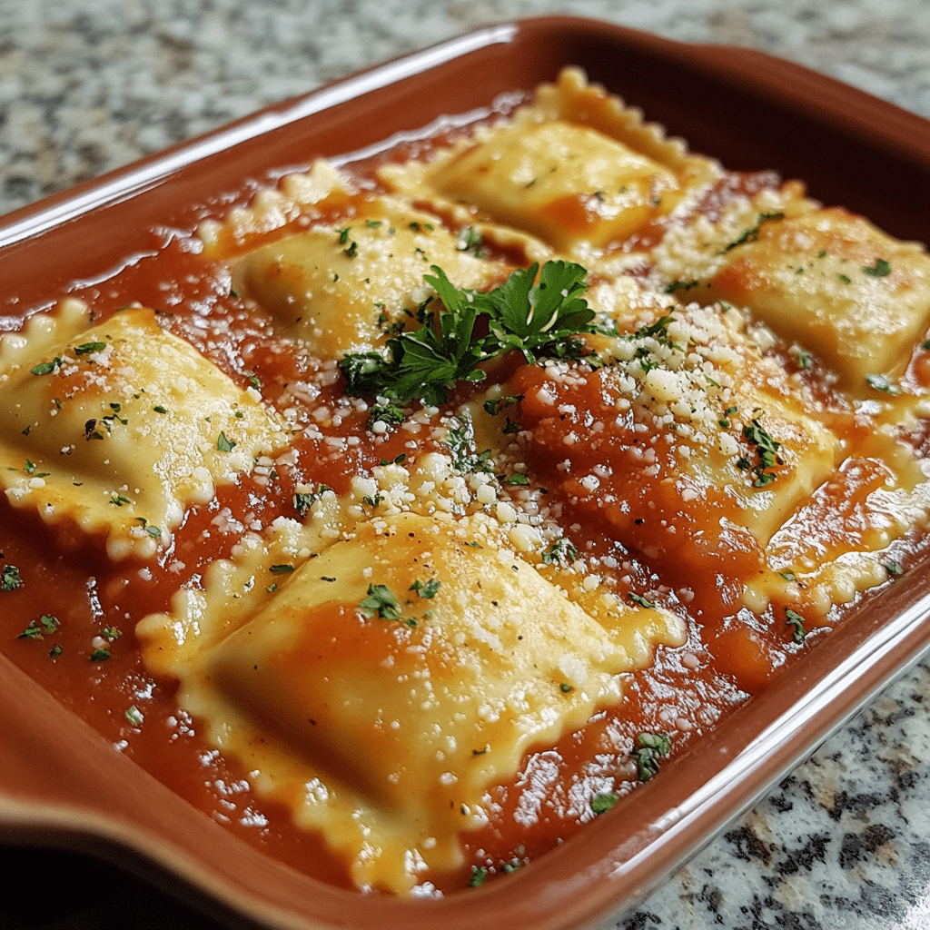 Homemade ravioli sauce in a serving dish in a bright kitchen