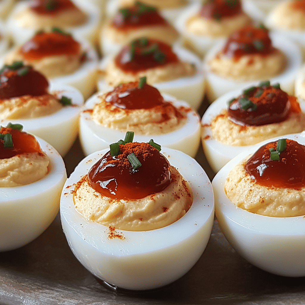 Deviled eggs topped with red pepper jelly and chives on a platter