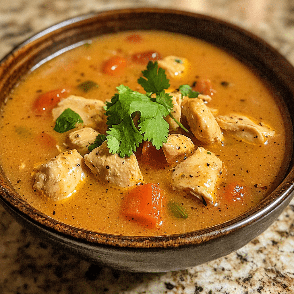 Homemade rich, creamy marry me chicken soup - well seasoned studio in a serving dish in a bright kitchen