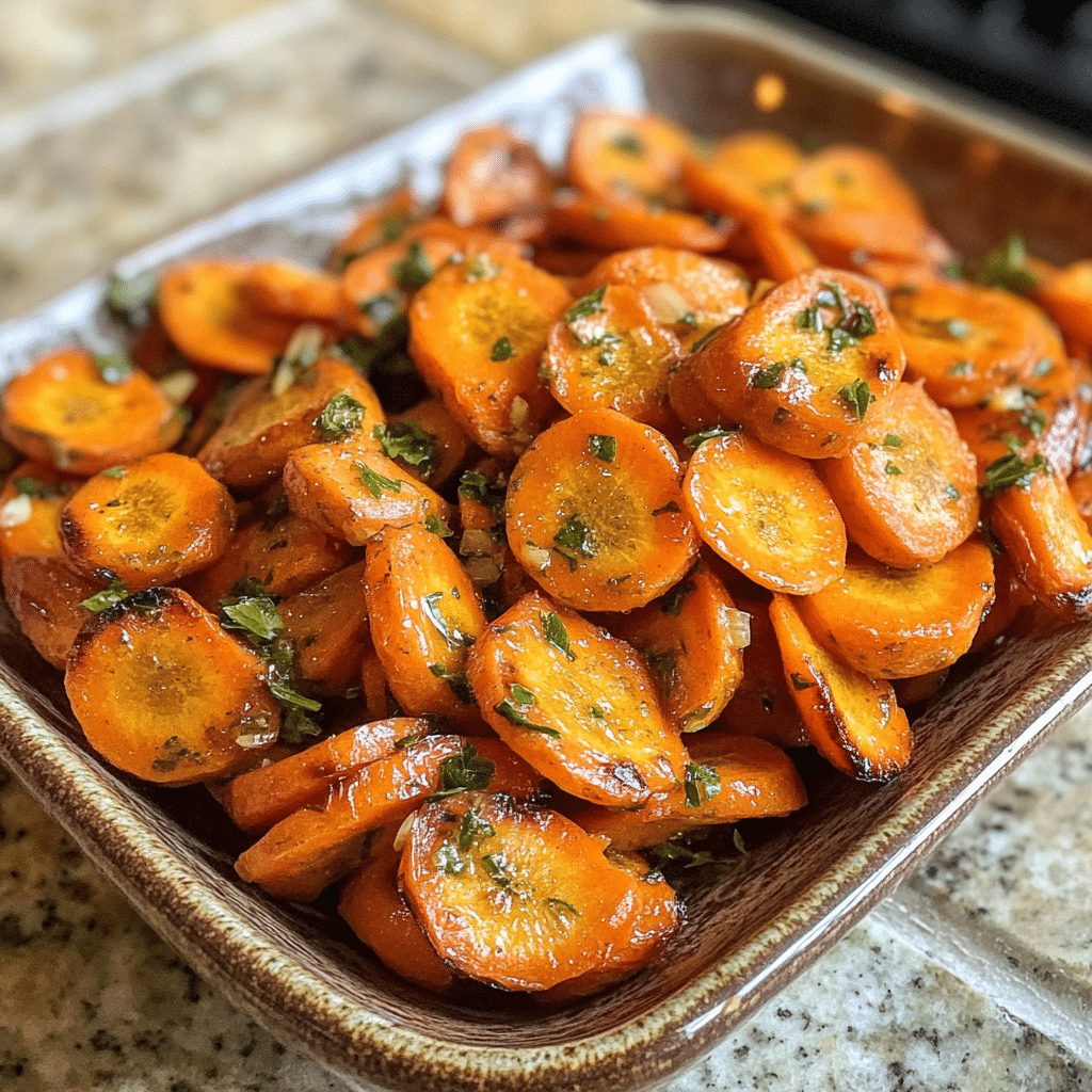 Homemade roasted carrot salad in a serving dish in a bright kitchen