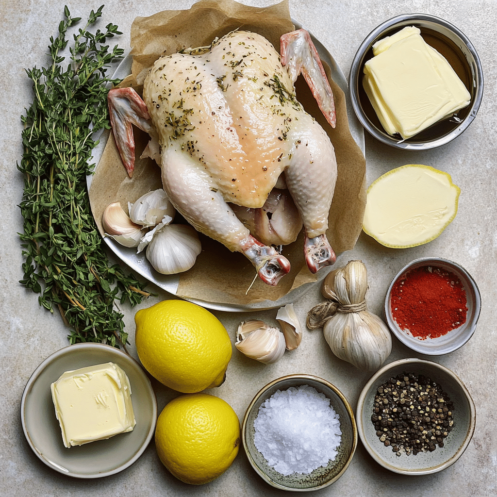 ingredients for garlic herb roasted chicken including whole chicken butter garlic lemon rosemary thyme parsley and seasonings