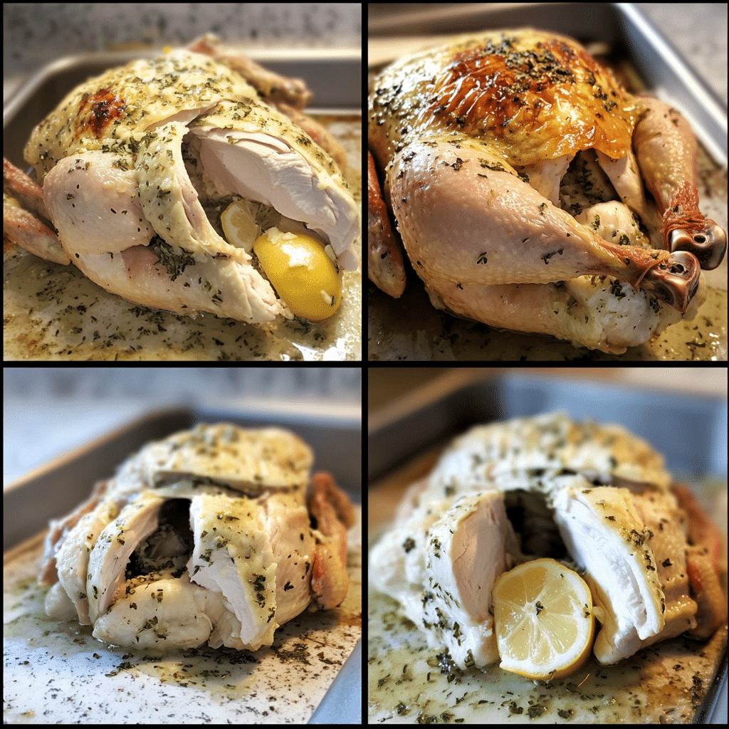 four panel collage showing steps to make garlic herb roasted chicken