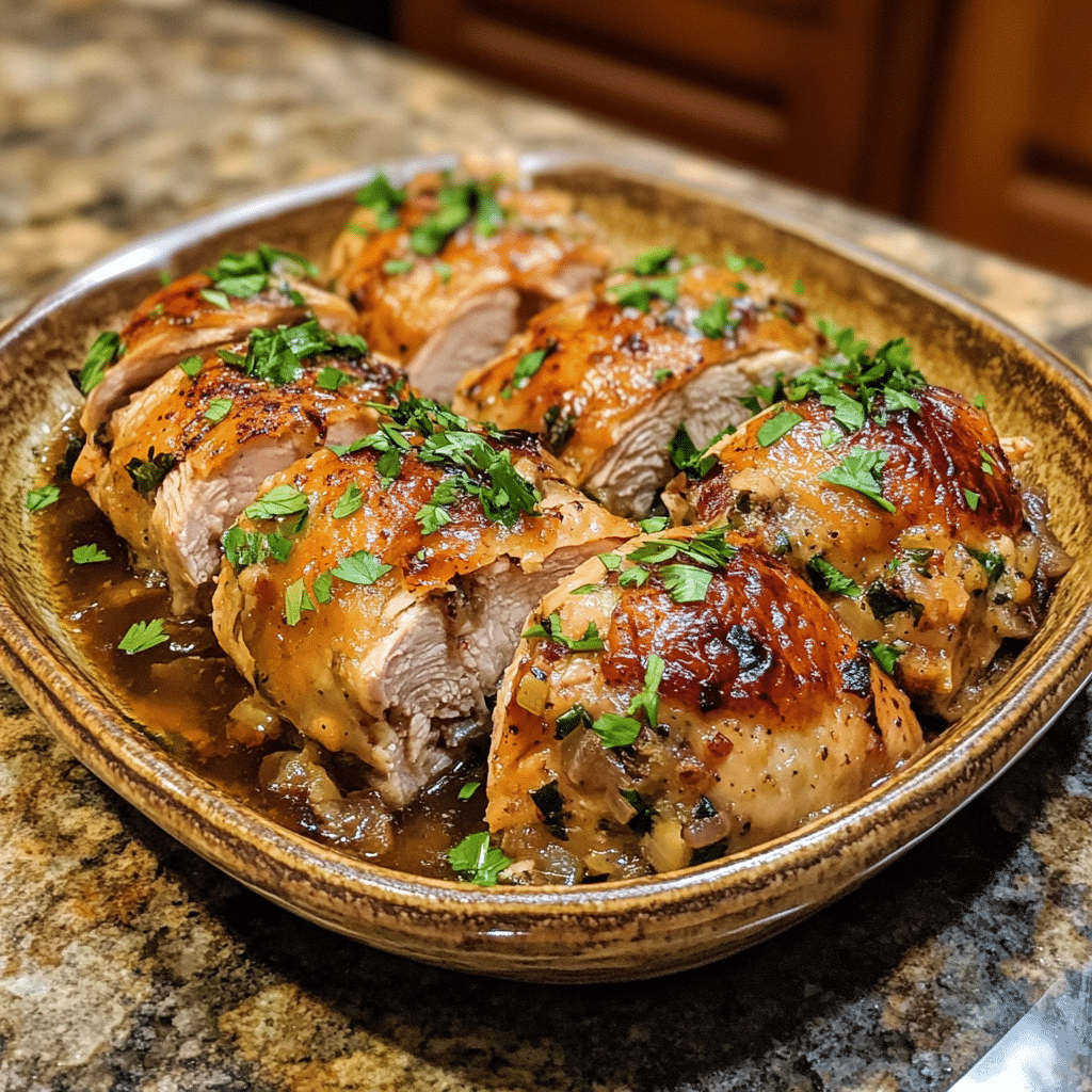 Homemade ruth's chris stuffed chicken copycat recipe in a serving dish in a bright kitchen