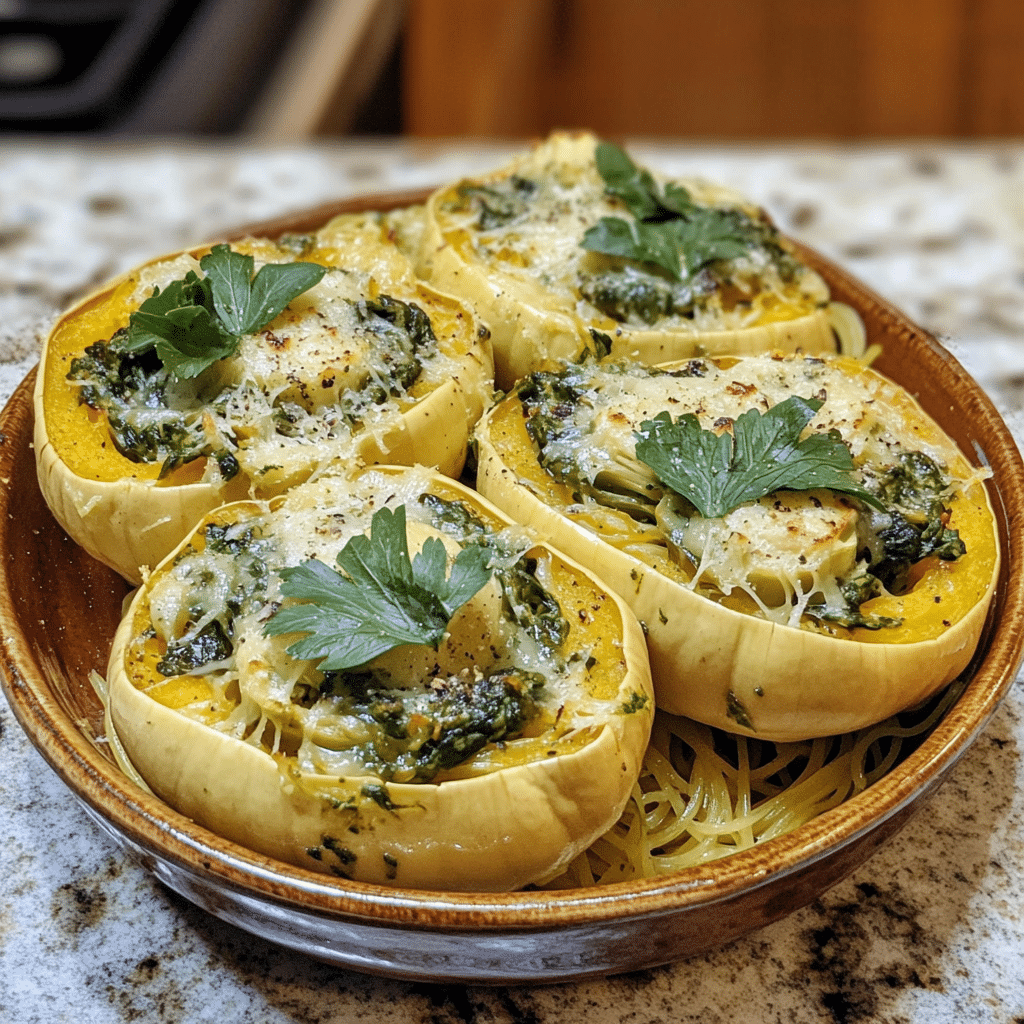 Homemade spinach and artichoke stuffed spaghetti squash in a serving dish in a bright kitchen