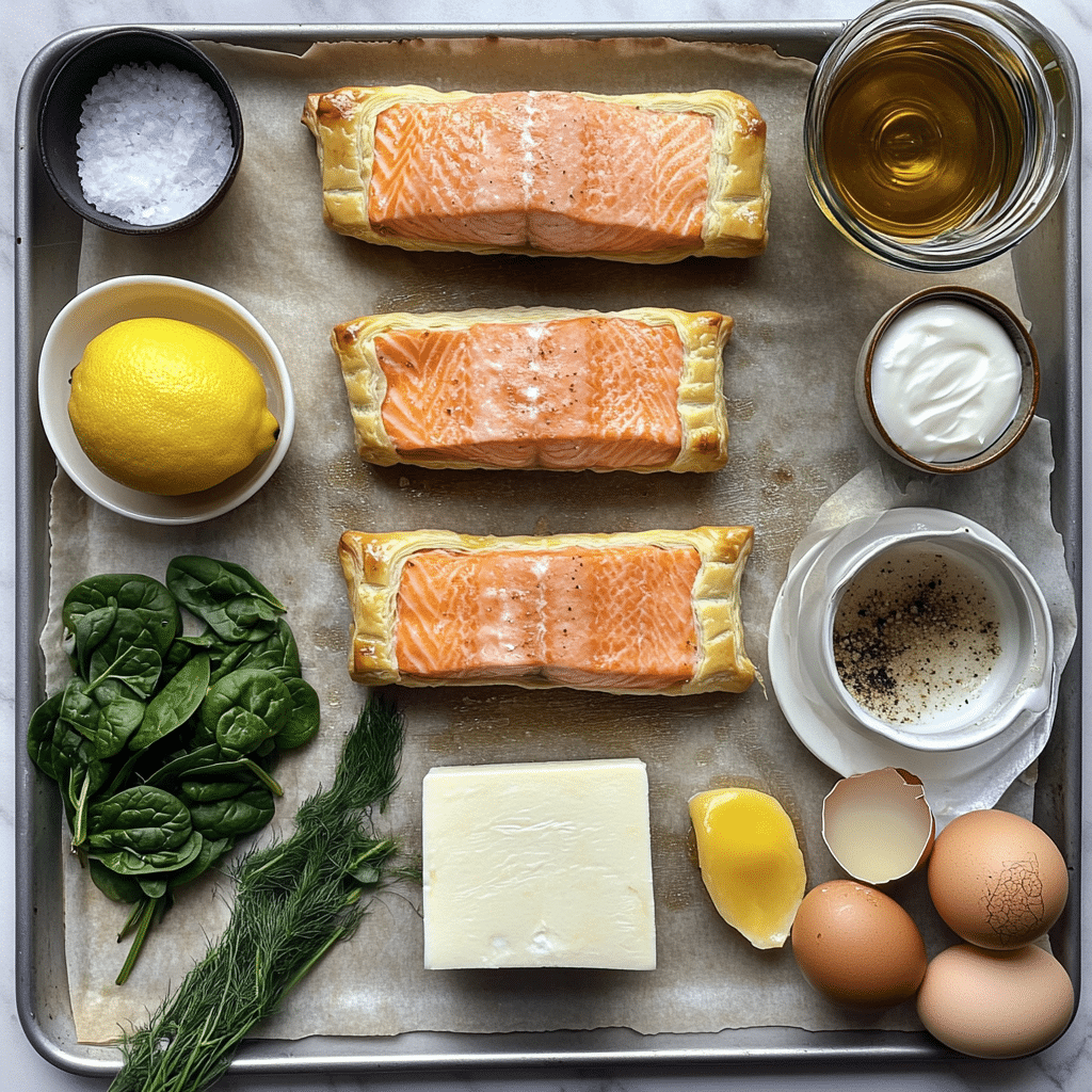 ingredients for salmon en croute including salmon puff pastry spinach cream cheese mustard garlic lemon and egg wash