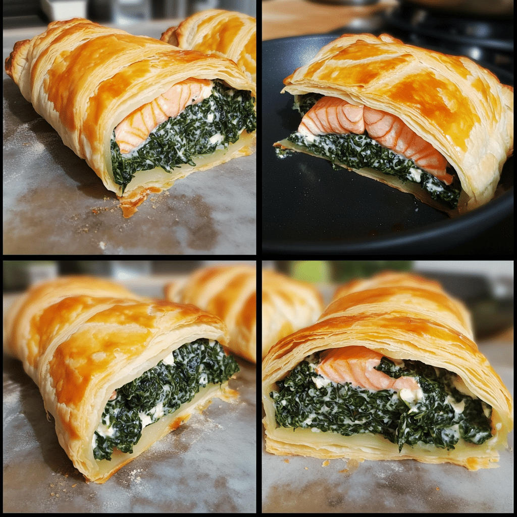 four panel collage showing steps to make salmon wellington salmon en croute