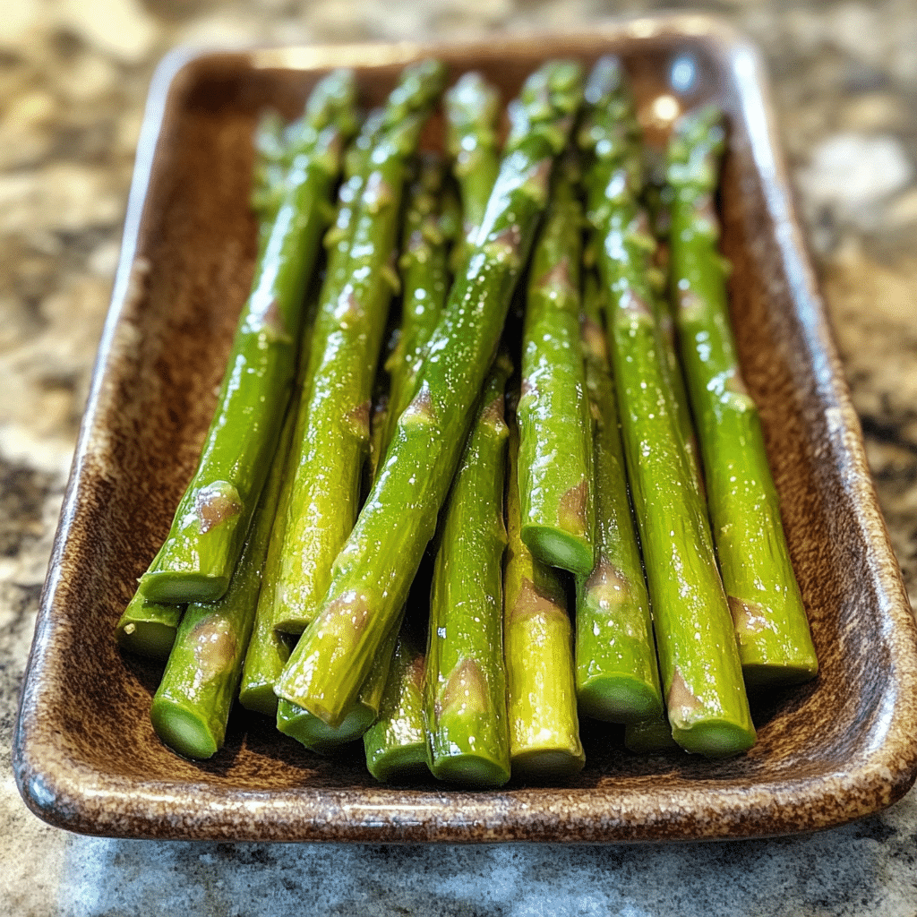 Homemade sautéed asparagus in a serving dish in a bright kitchen