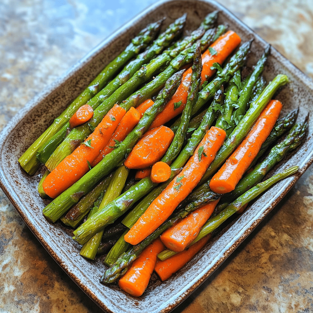 Homemade secret trick to perfectly roasted asparagus & carrots that even picky eaters love! in a serving dish in a bright kitchen