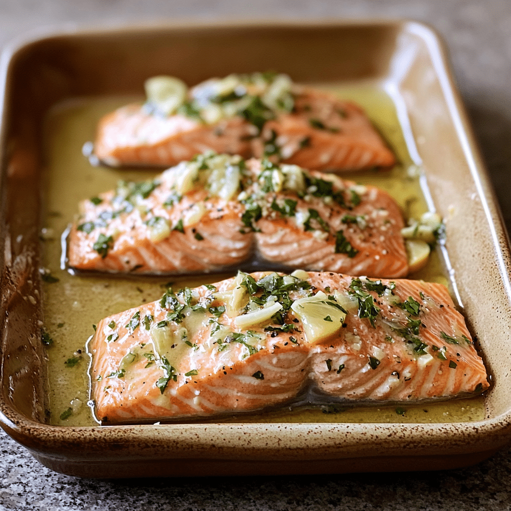Homemade sheet pan lemon garlic butter salmon in a serving dish in a bright kitchen