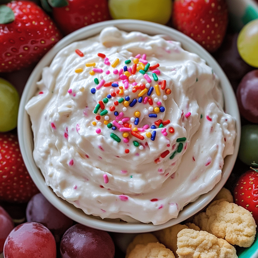 Pastel Easter sweet dip with sprinkles served with fruit and cookies