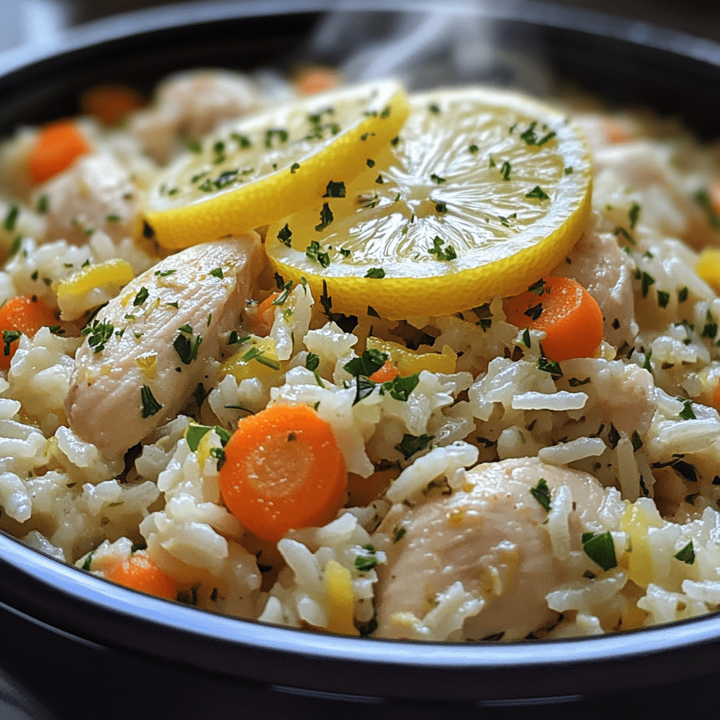 Slow cooker lemon herb chicken and rice with lemon slices and herbs