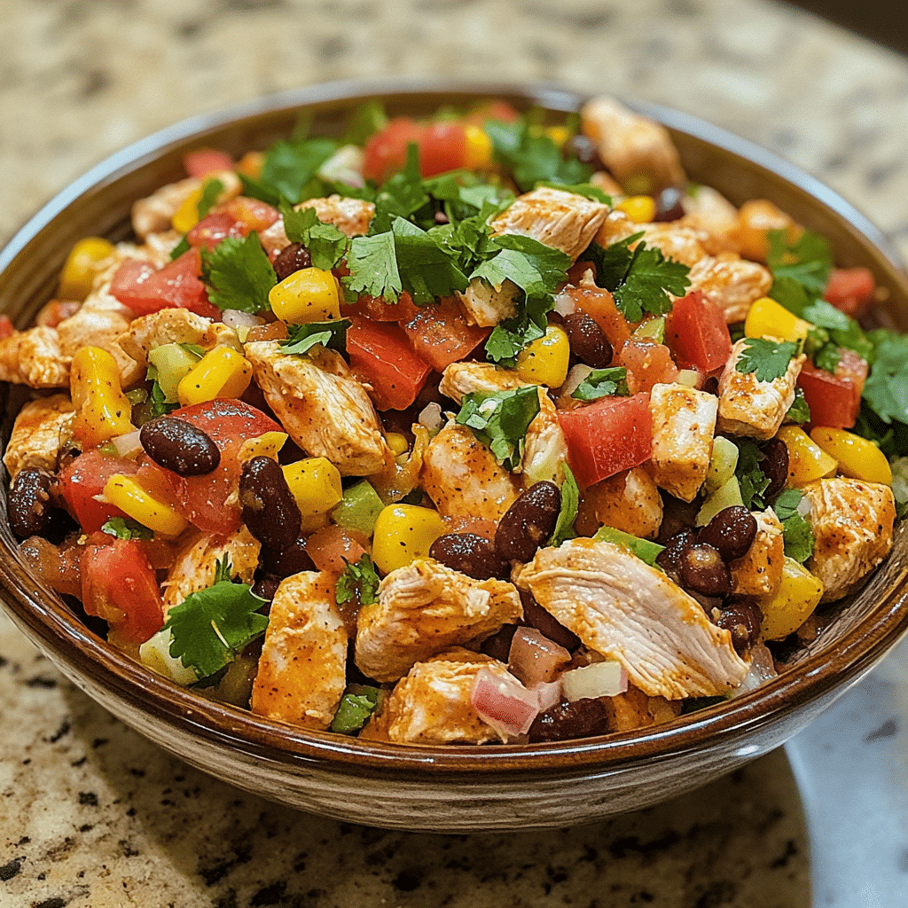 Homemade southwest chicken salad in a serving dish in a bright kitchen