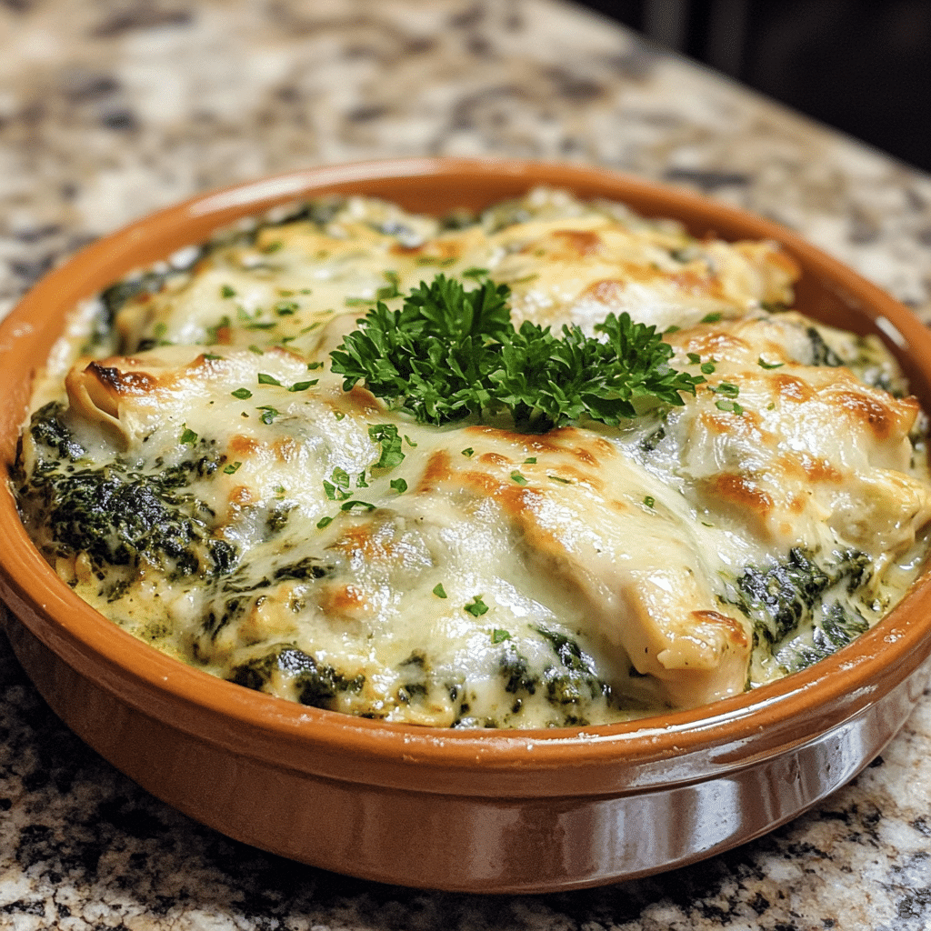 Homemade spinach artichoke chicken casserole - keto and low carb in a serving dish in a bright kitchen