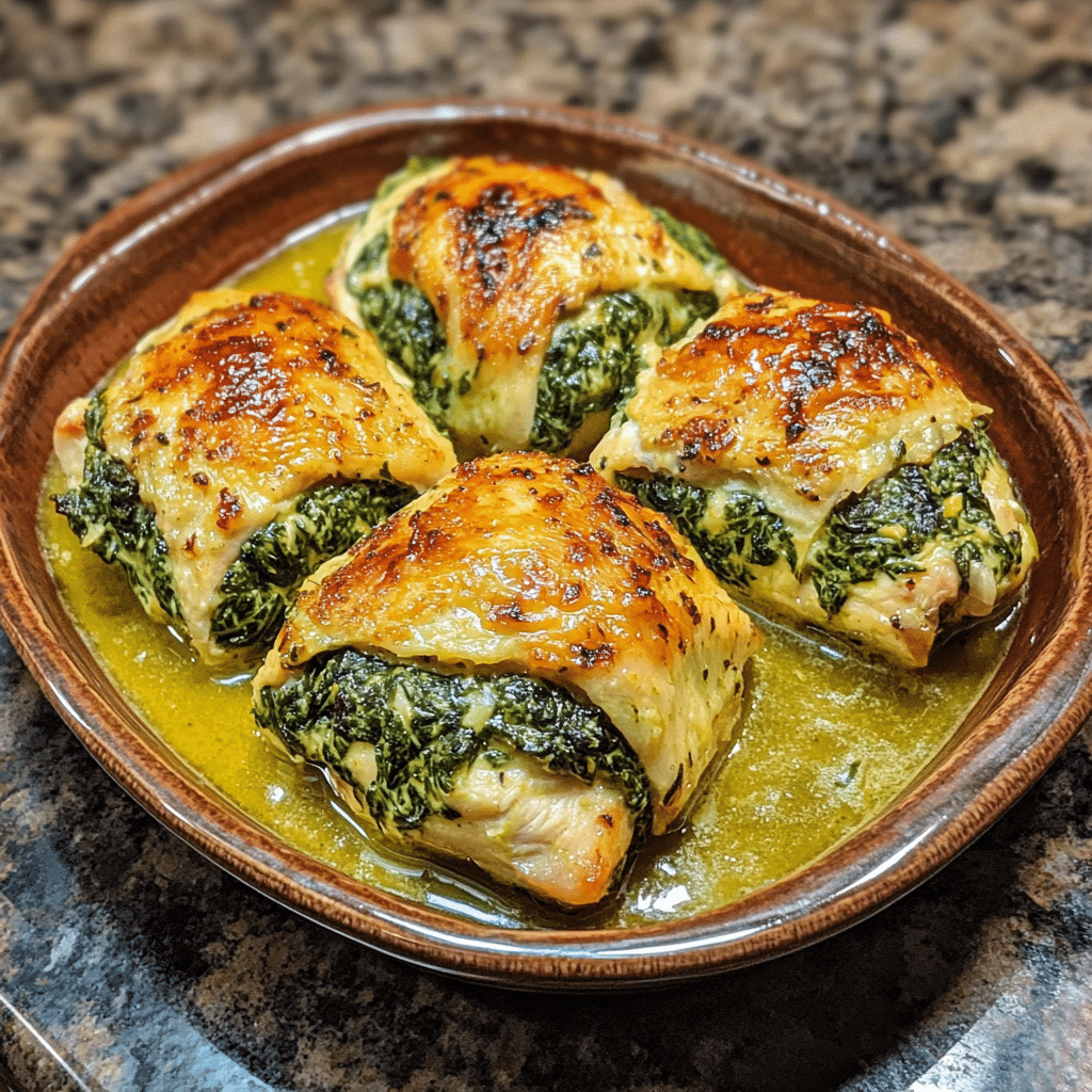 Homemade spinach artichoke stuffed chicken served in a dish in a bright kitchen