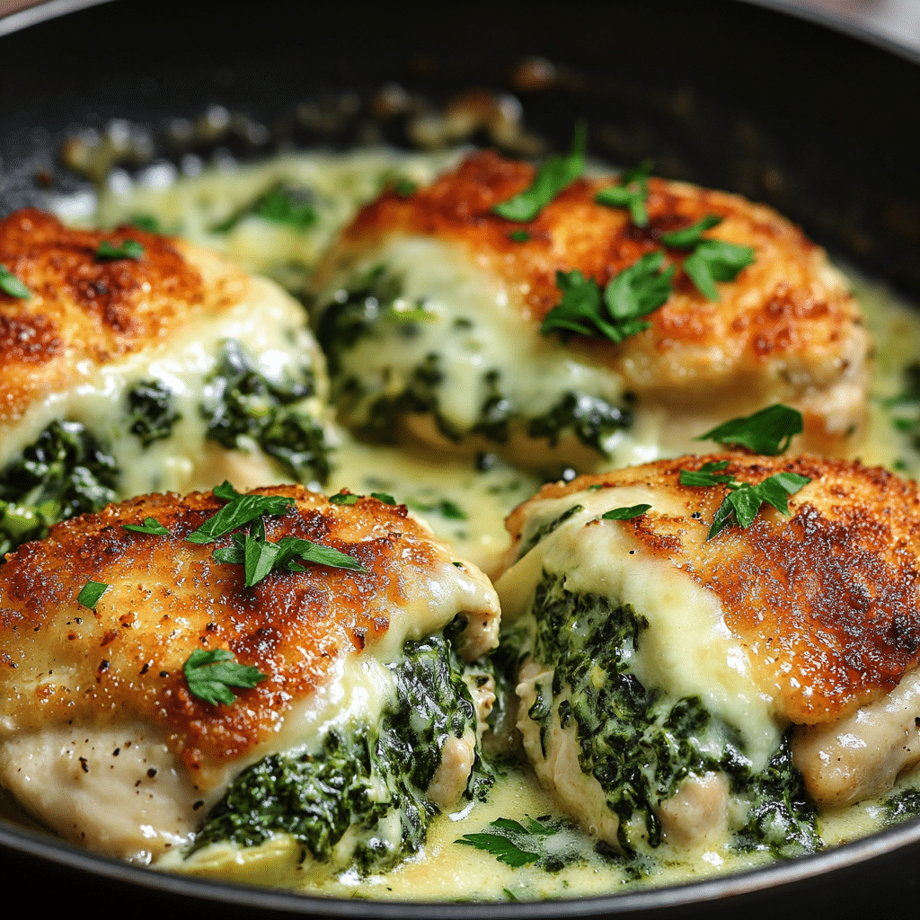 Spinach artichoke stuffed chicken with creamy cheesy filling in a skillet