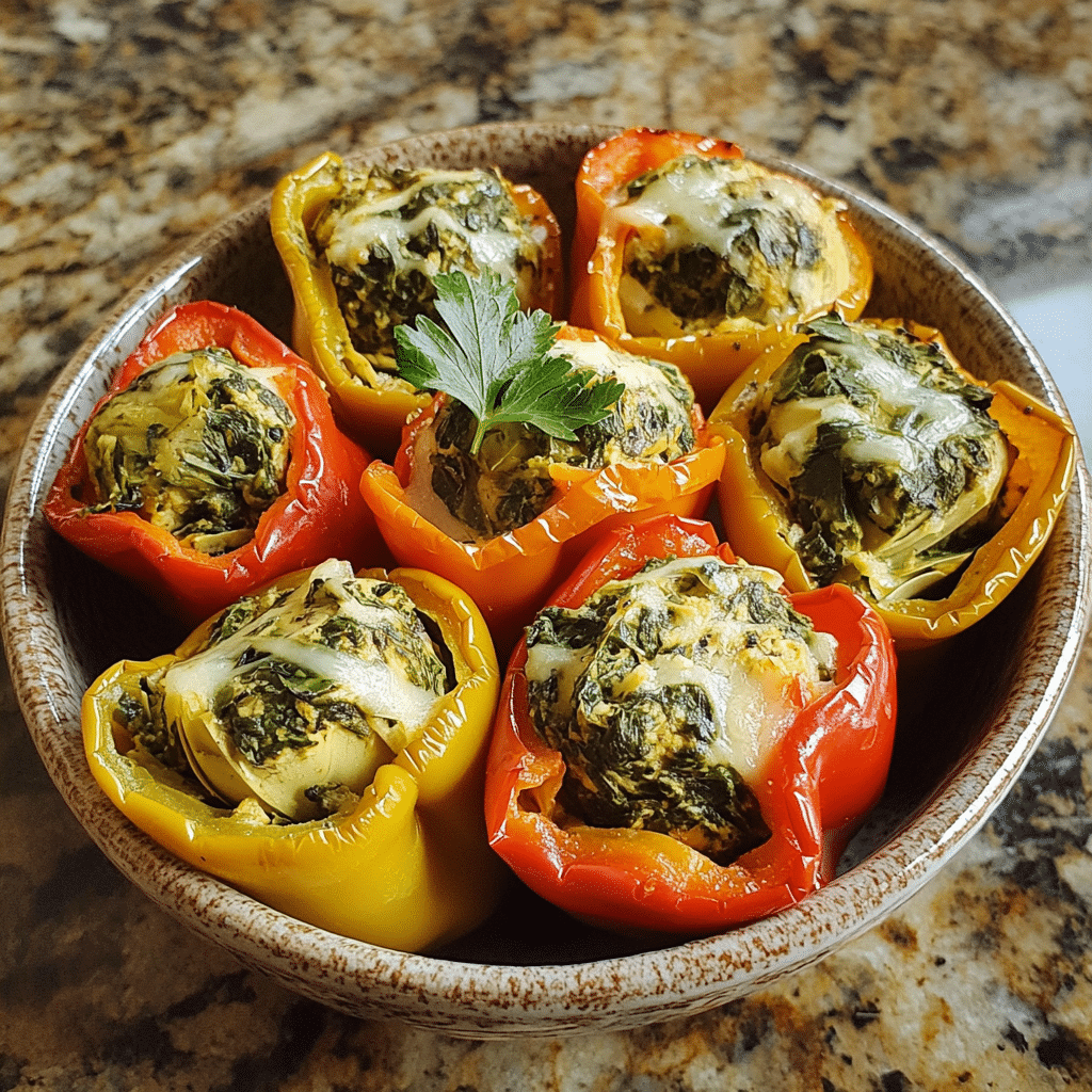 Homemade spinach artichoke stuffed peppers in a serving dish in a bright kitchen