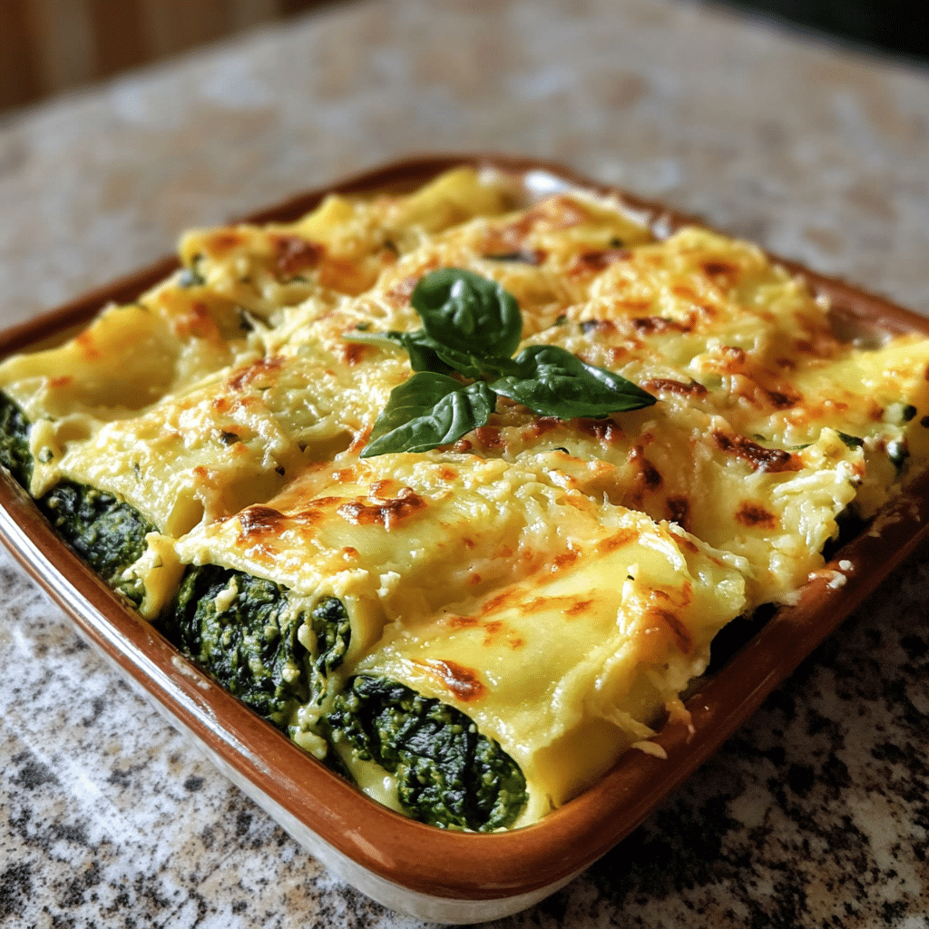 Homemade spinach lasagna roll recipe in a serving dish in a bright kitchen