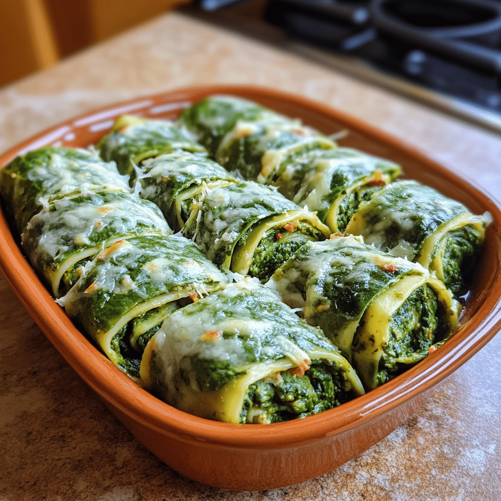 Homemade spinach lasagna roll-ups in a serving dish in a bright kitchen