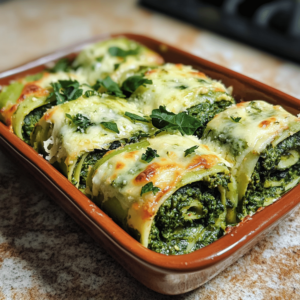 Homemade spinach lasagna roll ups in a serving dish in a bright kitchen