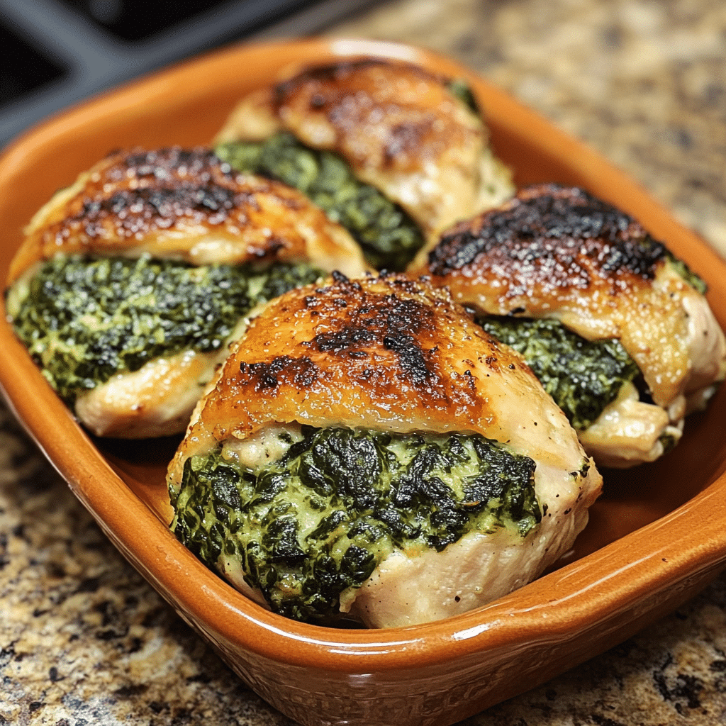 Homemade spinach stuffed chicken breasts in a serving dish in a bright kitchen