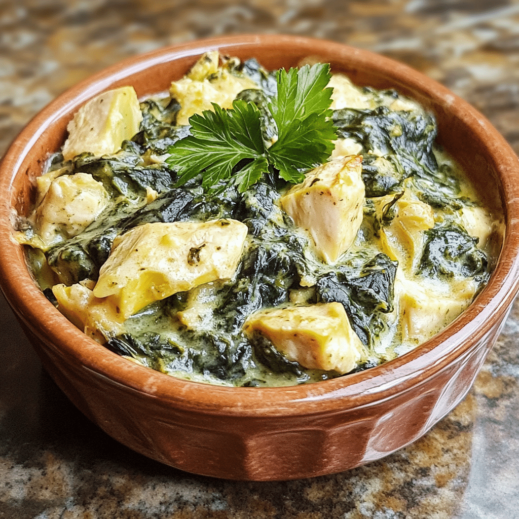 Homemade spinach and artichoke chicken casserole in a serving dish in a bright kitchen