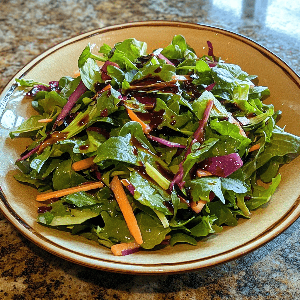 Homemade spring mix salad with balsamic honey dressing in a serving dish in a bright kitchen