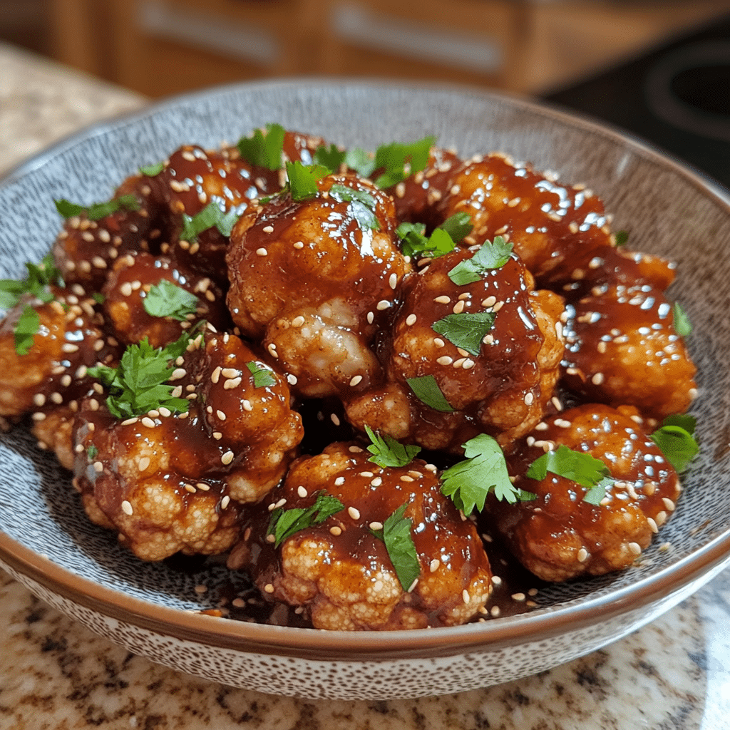 Homemade sticky sesame cauliflower served in a dish in a bright kitchen