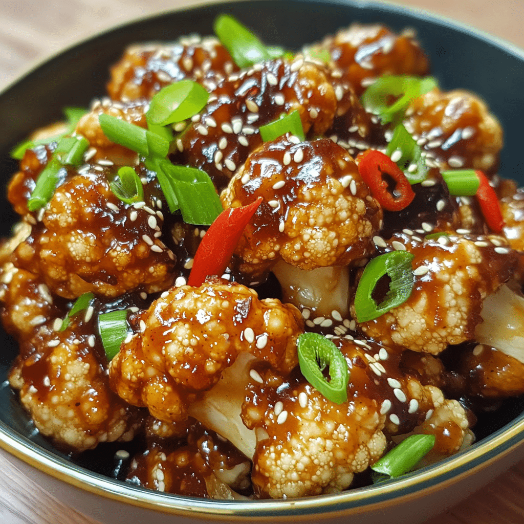 Sticky sesame cauliflower with glossy sauce, sesame seeds, and green onion