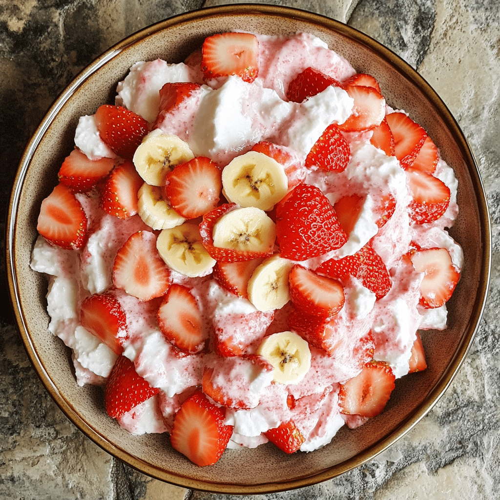 Homemade strawberry banana fluff salad in a serving dish in a bright kitchen