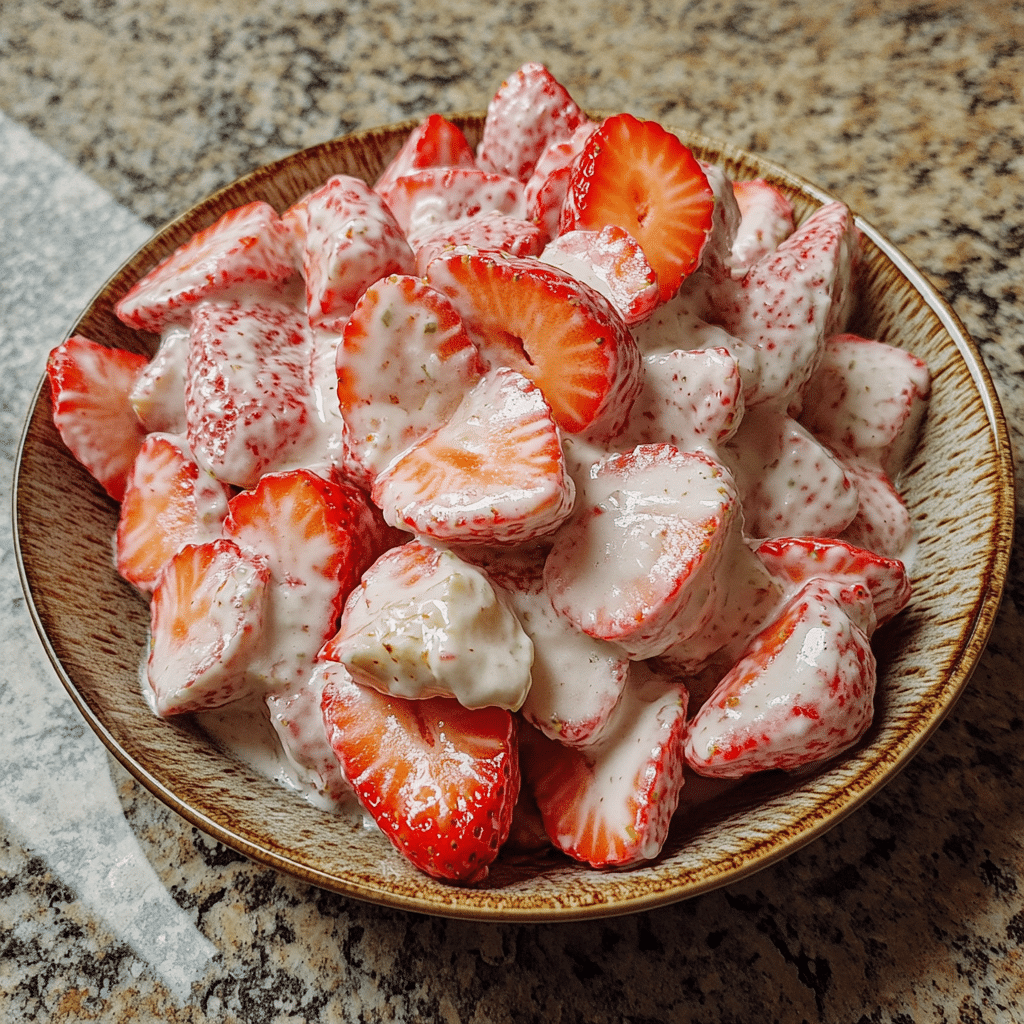 Homemade strawberry fluff salad in a serving dish in a bright kitchen