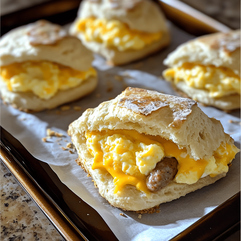 Golden stuffed breakfast biscuits filled with scrambled eggs, turkey sausage, and melted cheddar cheese