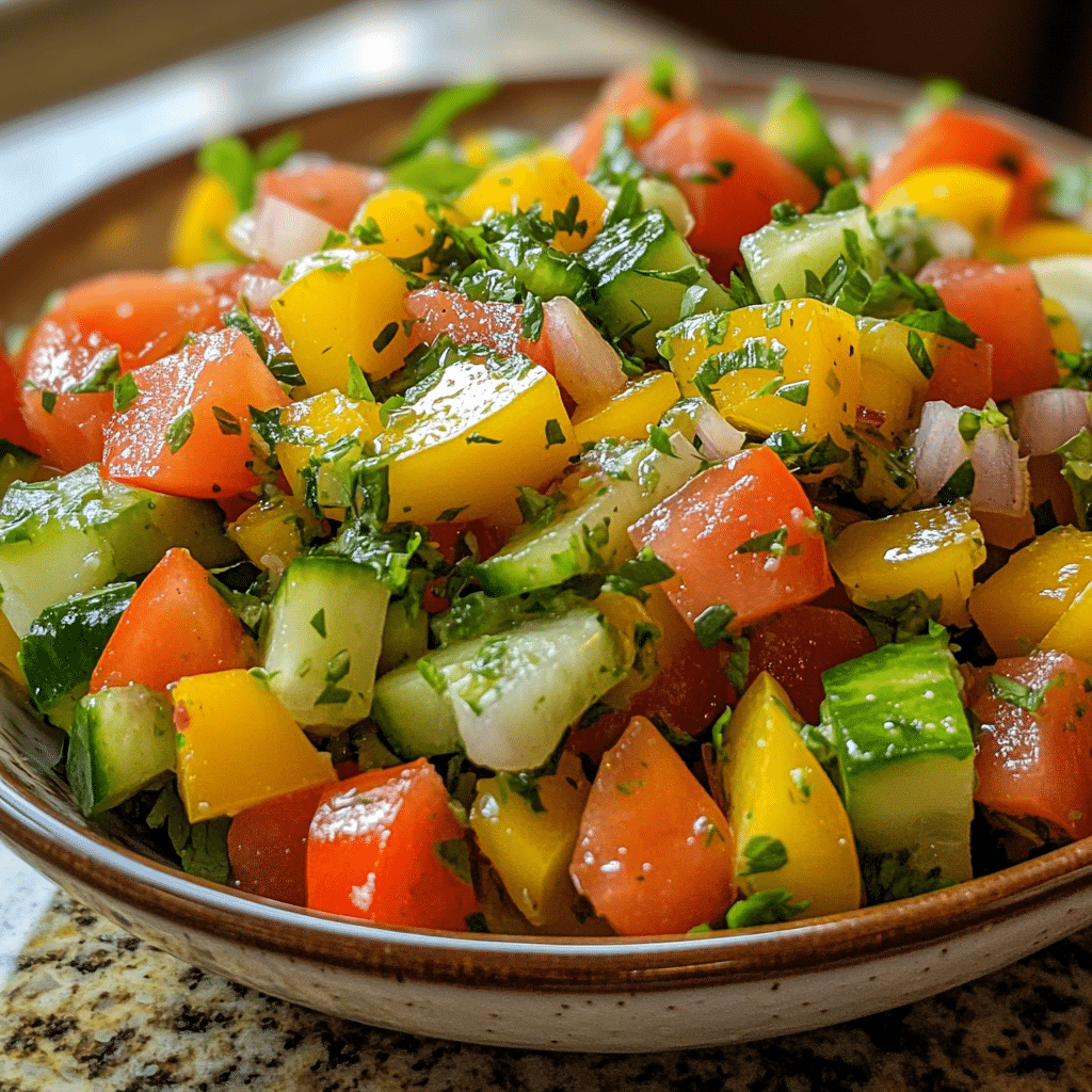Homemade sunshine salad - an organized chaos in a serving dish in a bright kitchen